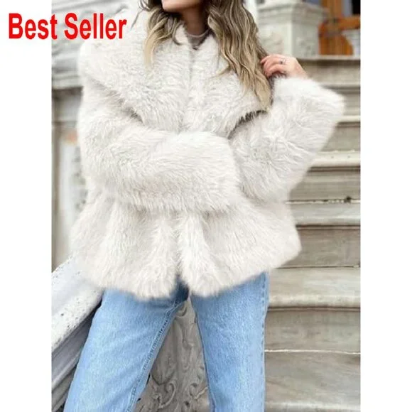 Faux Fur Coat Oversized Lapel Shaggy Winter Jacket Chic Fuzzy Outerwear - Picture 5 of 7